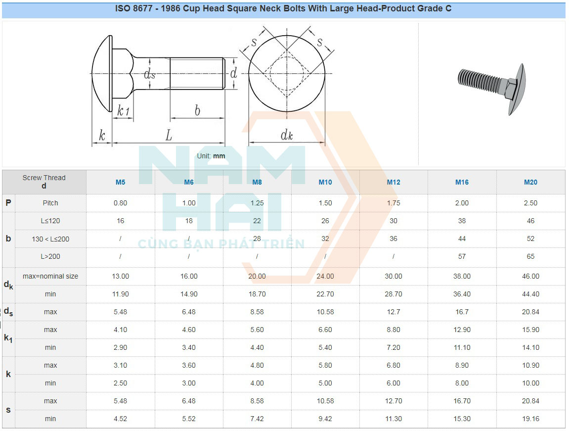 ISO 8677 - 1986 Cup Head Square Neck Bolts With Large Head-Product Grade C