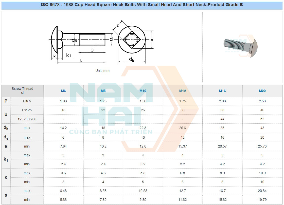 ISO 8678 - 1988 Cup Head Square Neck Bolts With Small Head And Short Neck-Product Grade B