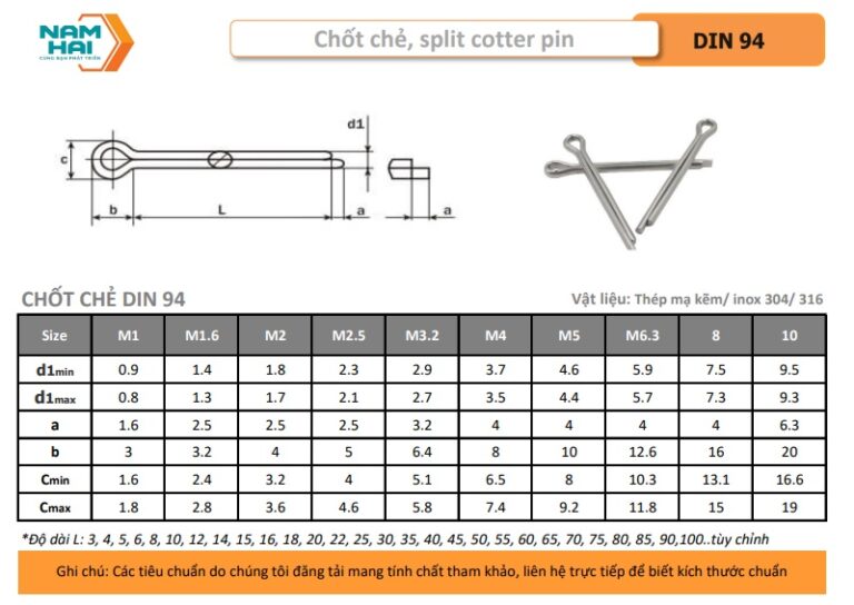 Chốt Chẻ - Inox 304 - Thép - DIN 94 - Split Cotter Pin